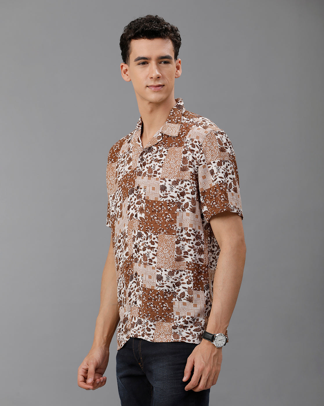 IDENTITI Men Slim Fit Cuban Collar Printed Shirt In Brown.
