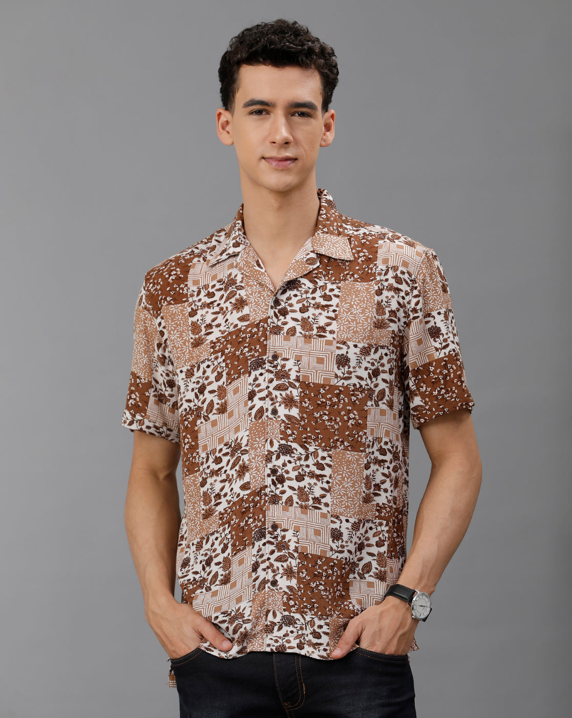 IDENTITI Men Slim Fit Cuban Collar Printed Shirt In Brown.