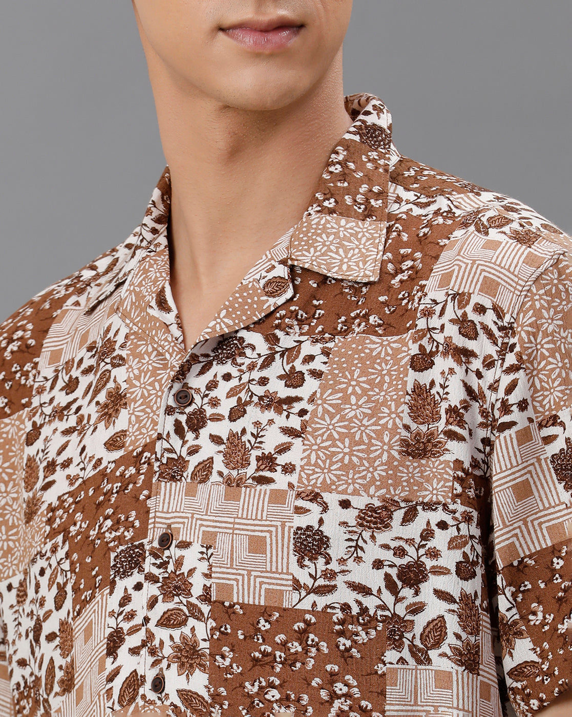 IDENTITI Men Slim Fit Cuban Collar Printed Shirt In Brown.