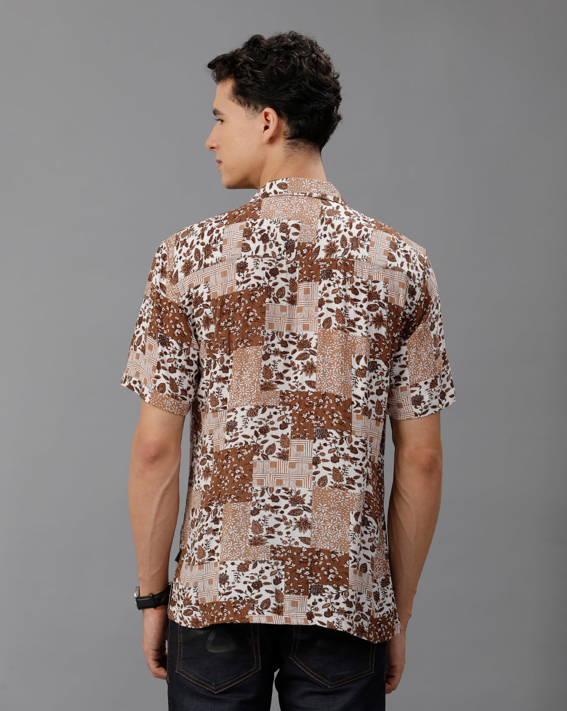 IDENTITI Men Slim Fit Cuban Collar Printed Shirt In Brown.