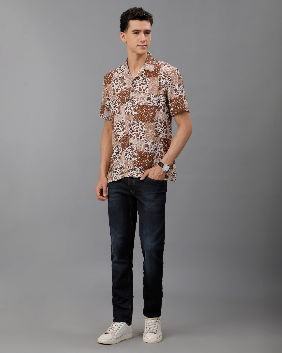 IDENTITI Men Slim Fit Cuban Collar Printed Shirt In Brown.