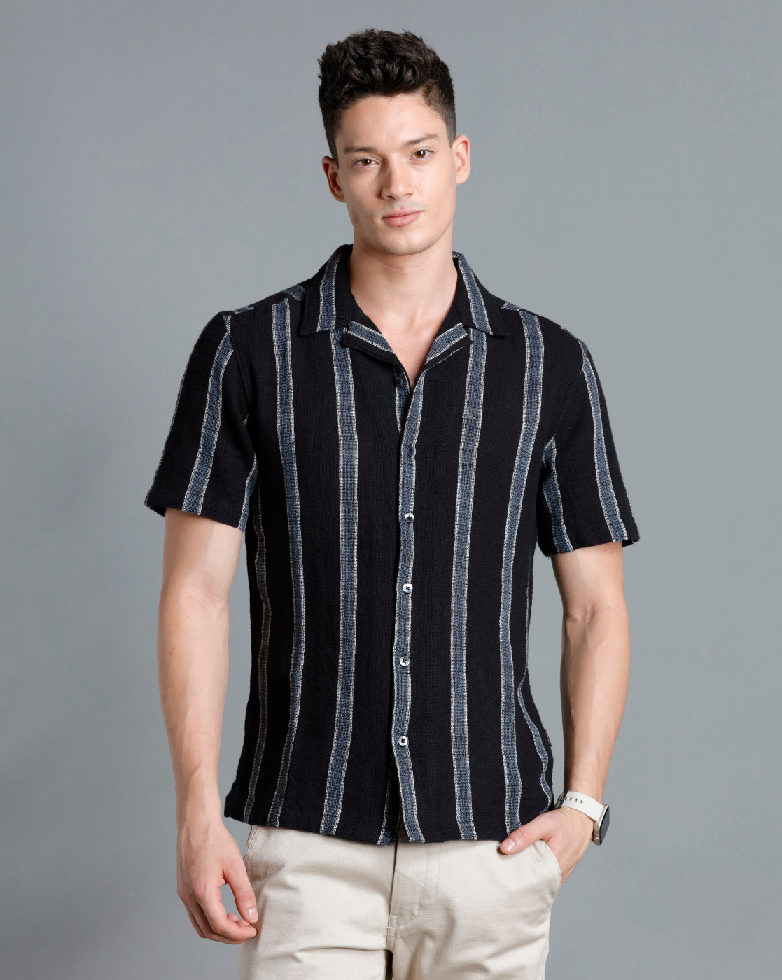 IDENTITI Men Slim Fit Lapel Collar Striped Shirt In Black