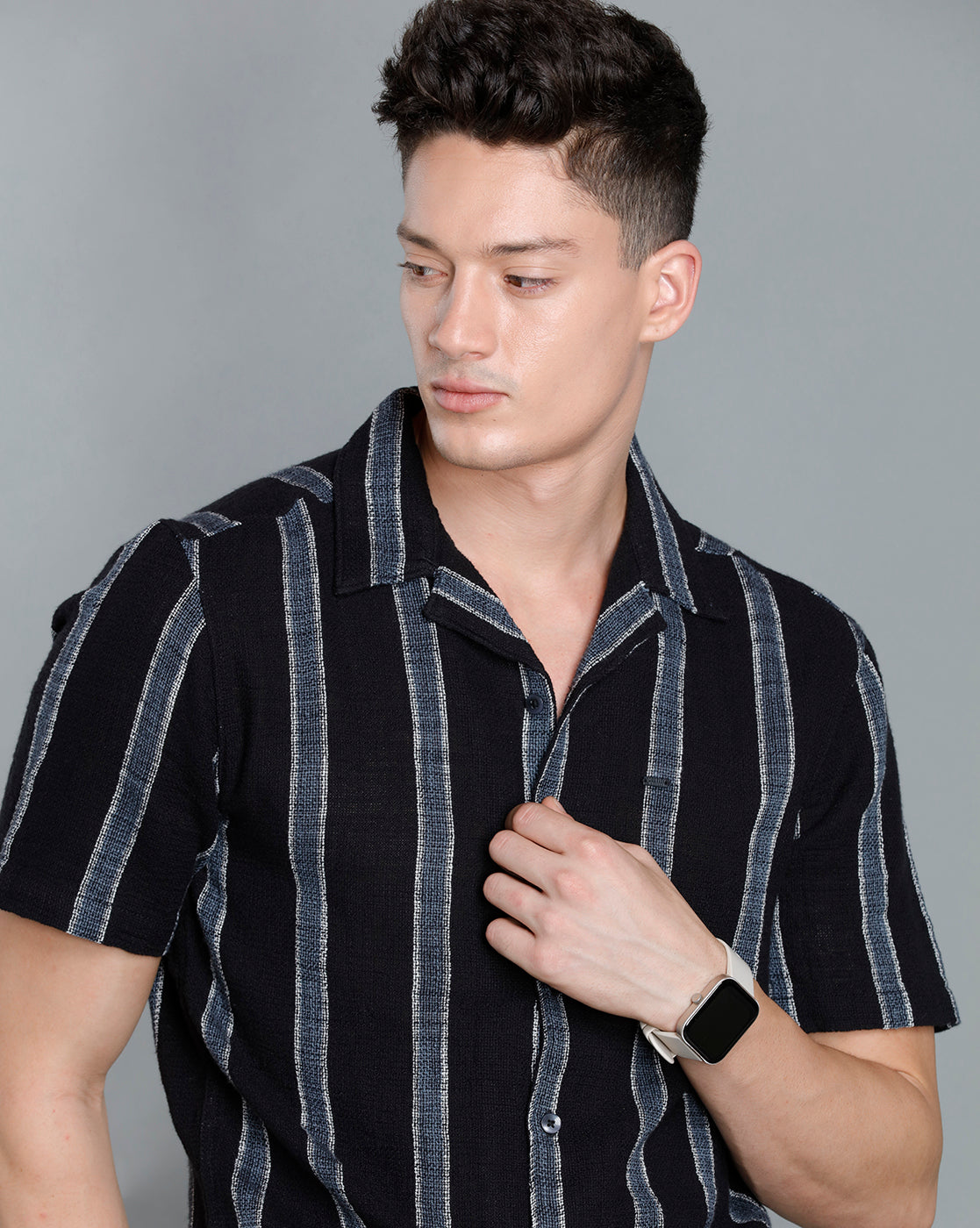 IDENTITI Men Slim Fit Lapel Collar Striped Shirt In Black