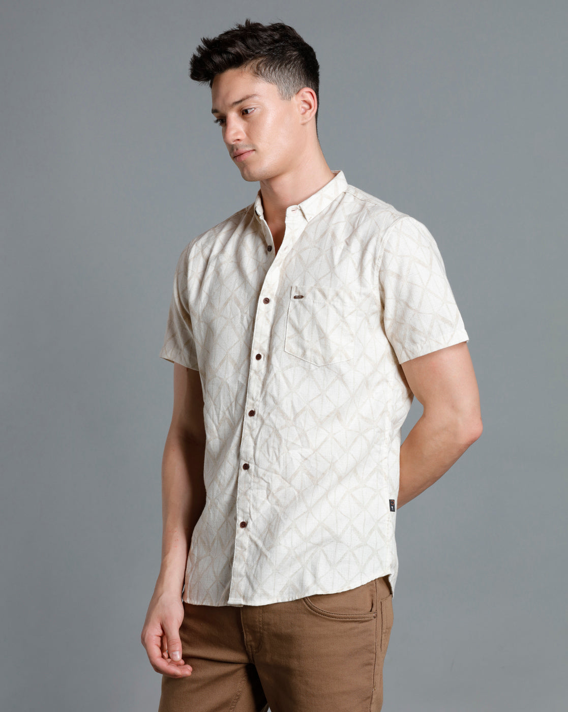 IDENTITI Men Slim Fit Short Collar Printed Shirt In Beige