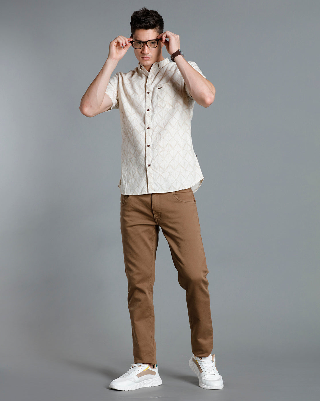 IDENTITI Men Slim Fit Short Collar Printed Shirt In Beige