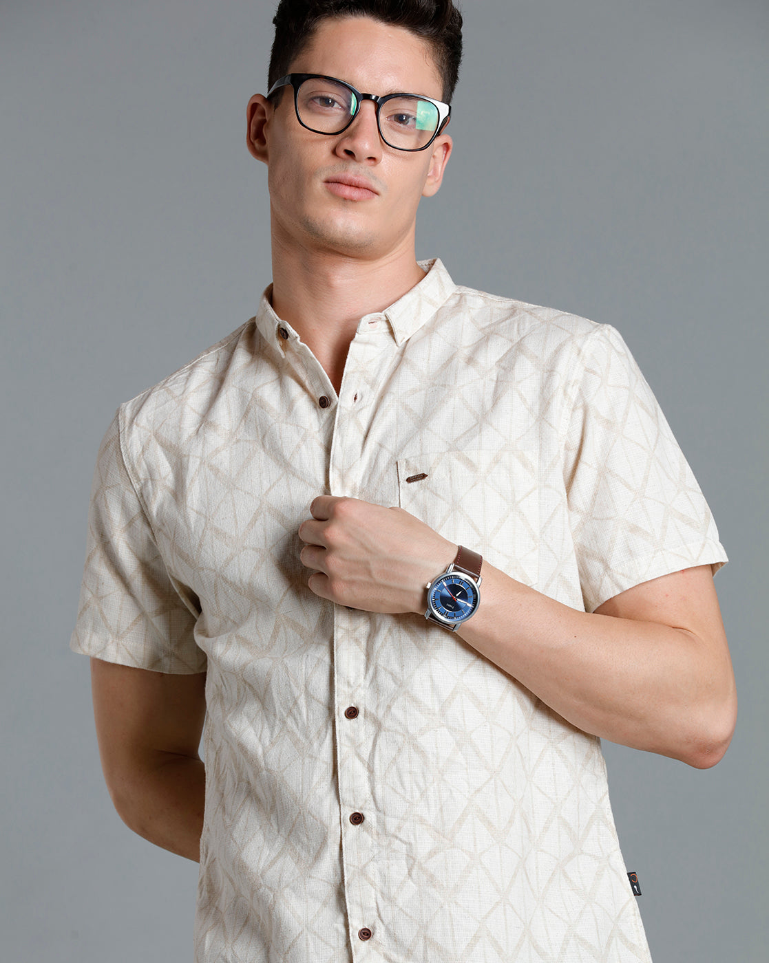 IDENTITI Men Slim Fit Short Collar Printed Shirt In Beige