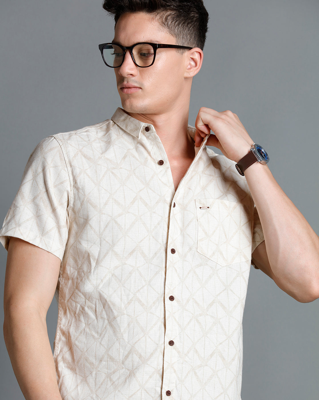 IDENTITI Men Slim Fit Short Collar Printed Shirt In Beige