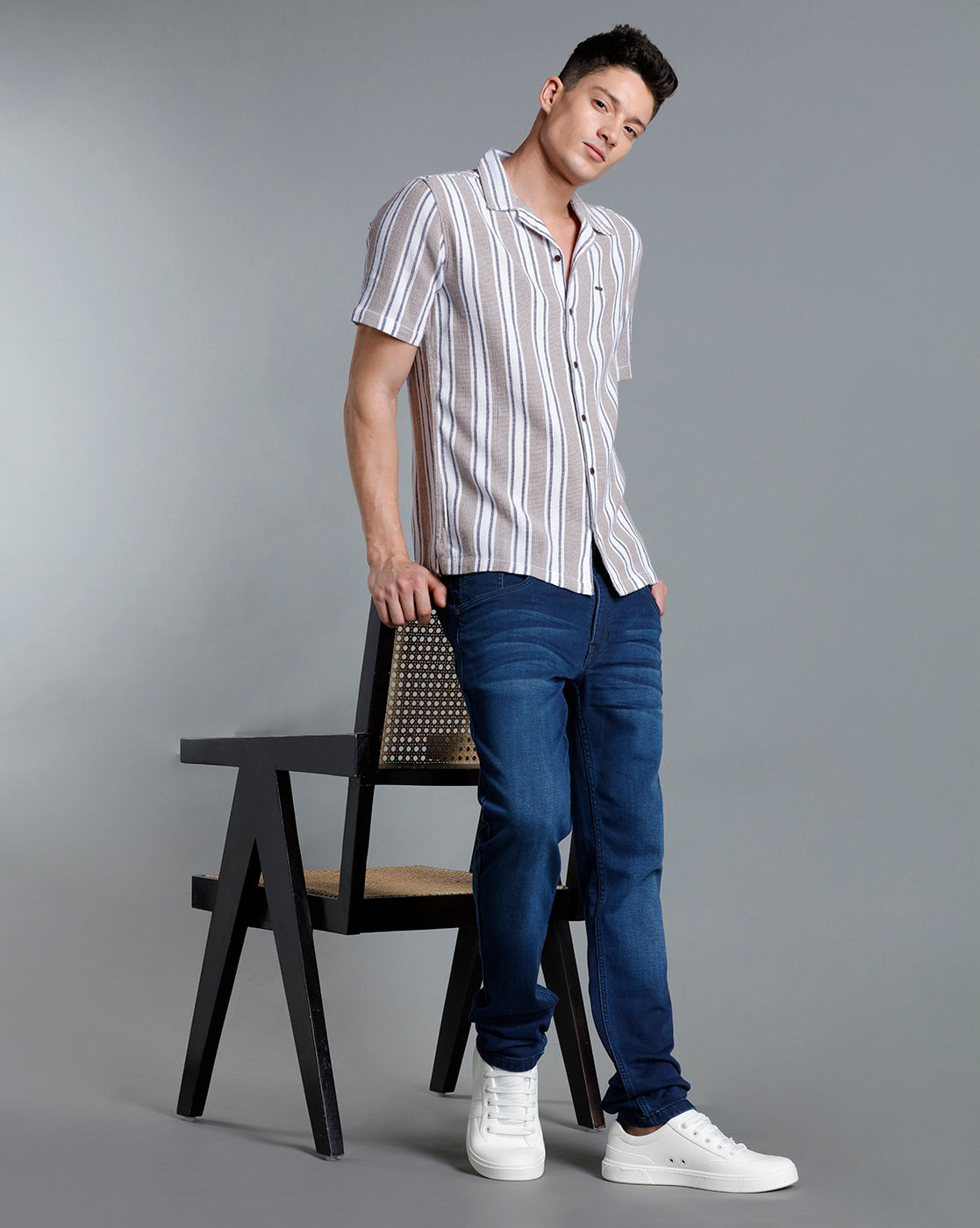 IDENTITI Men Slim Fit Lapel Collar Striped Shirt In Beige