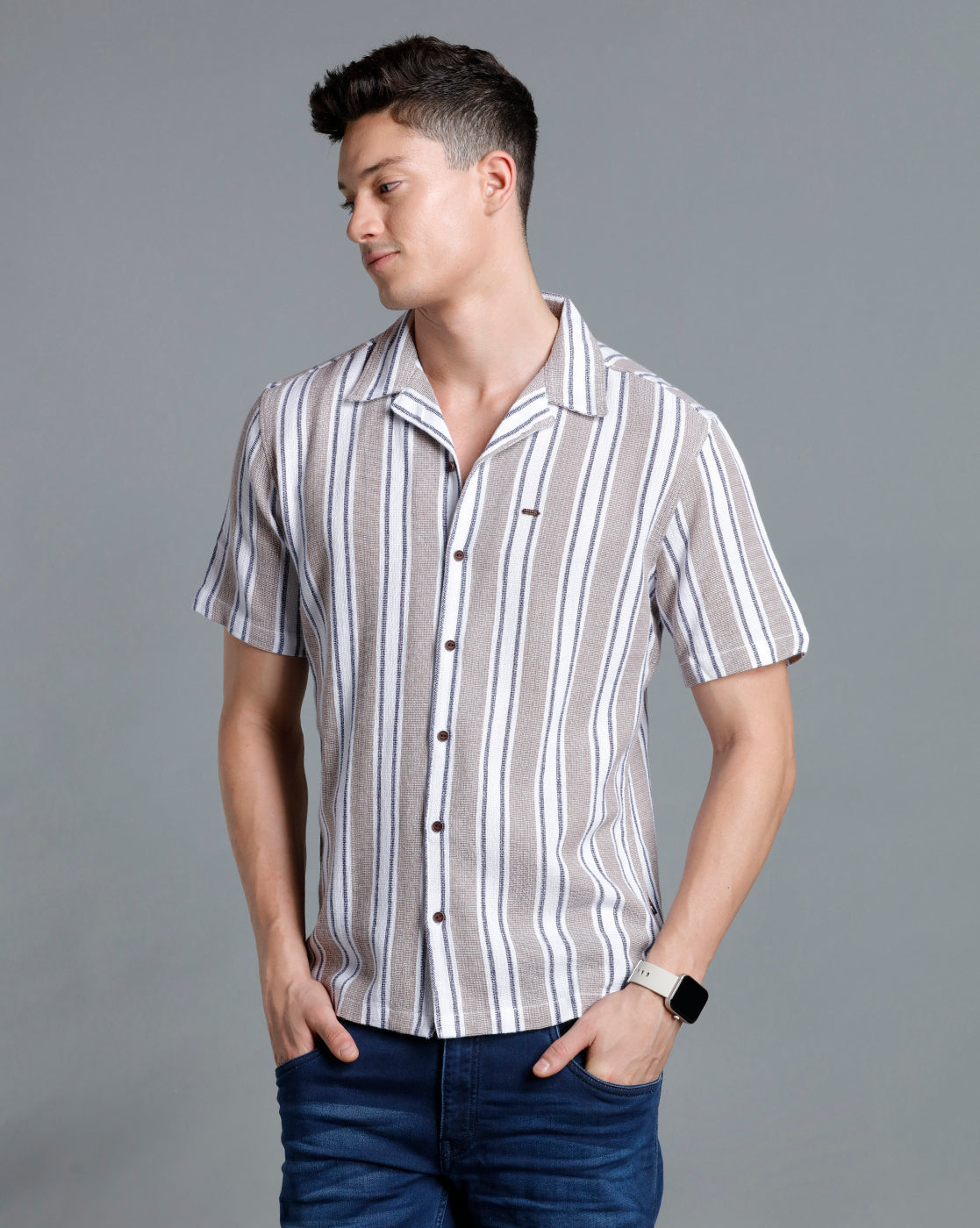 IDENTITI Men Slim Fit Lapel Collar Striped Shirt In Beige