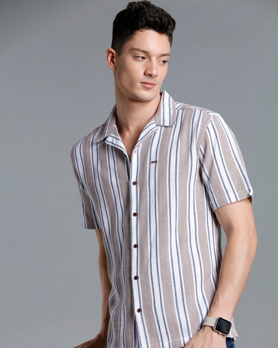 IDENTITI Men Slim Fit Lapel Collar Striped Shirt In Beige