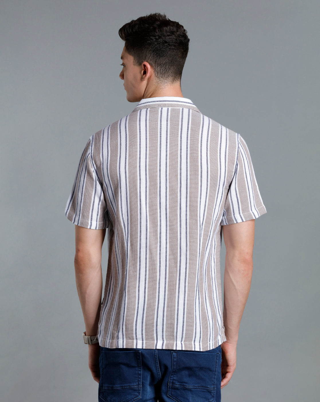 IDENTITI Men Slim Fit Lapel Collar Striped Shirt In Beige