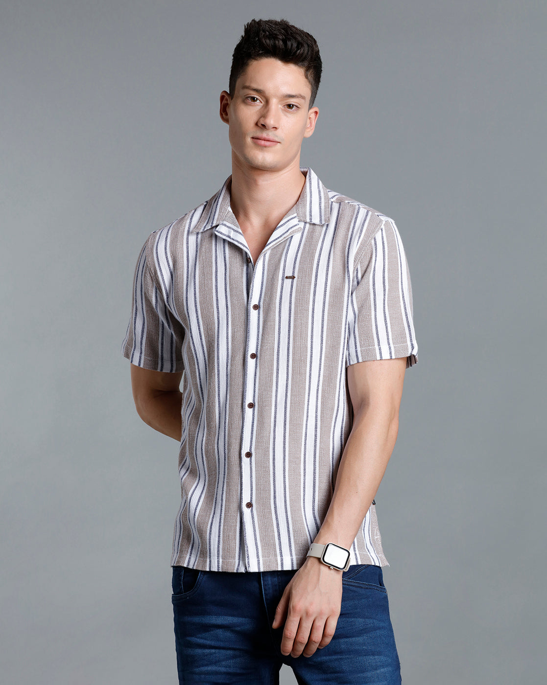 IDENTITI Men Slim Fit Lapel Collar Striped Shirt In Beige