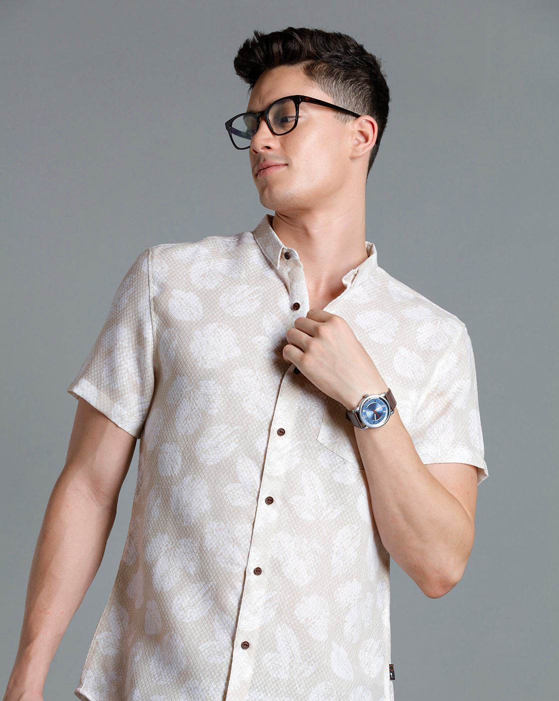 IDENTITI Men Slim Fit Short Collar Printed Shirt In Beige
