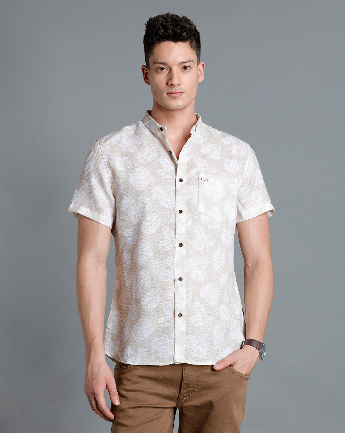 IDENTITI Men Slim Fit Short Collar Printed Shirt In Beige