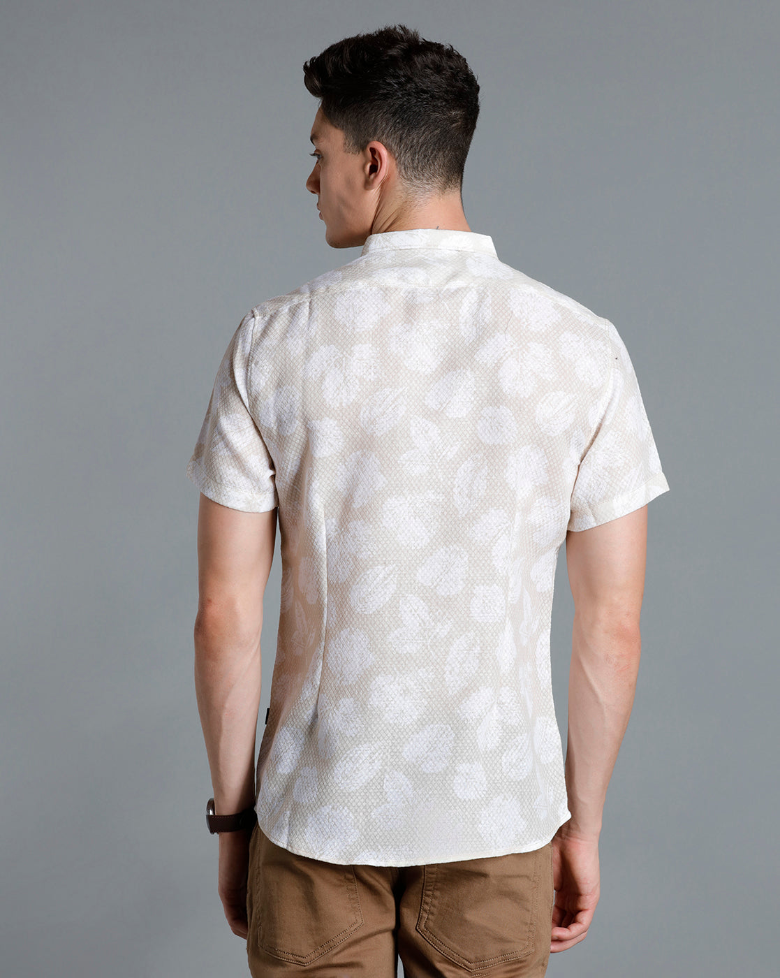 IDENTITI Men Slim Fit Short Collar Printed Shirt In Beige