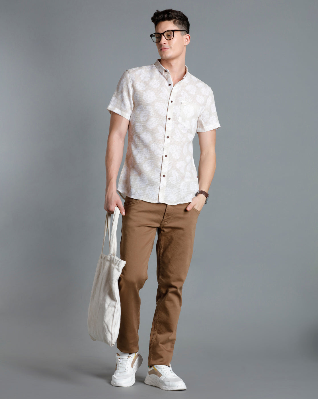 IDENTITI Men Slim Fit Short Collar Printed Shirt In Beige