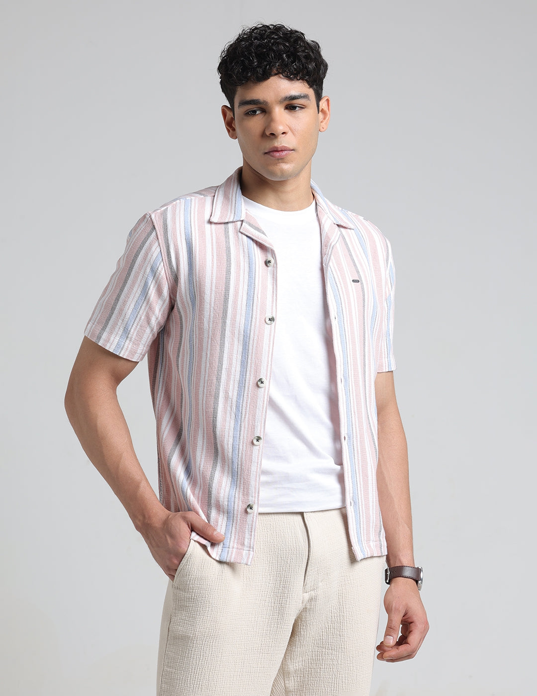 IDENTITI Men Slim Fit Lapel Collar Striped Shirt In Peach.