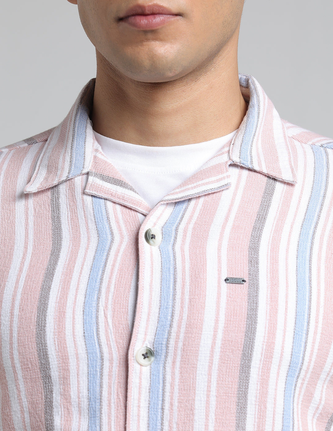 IDENTITI Men Slim Fit Lapel Collar Striped Shirt In Peach.