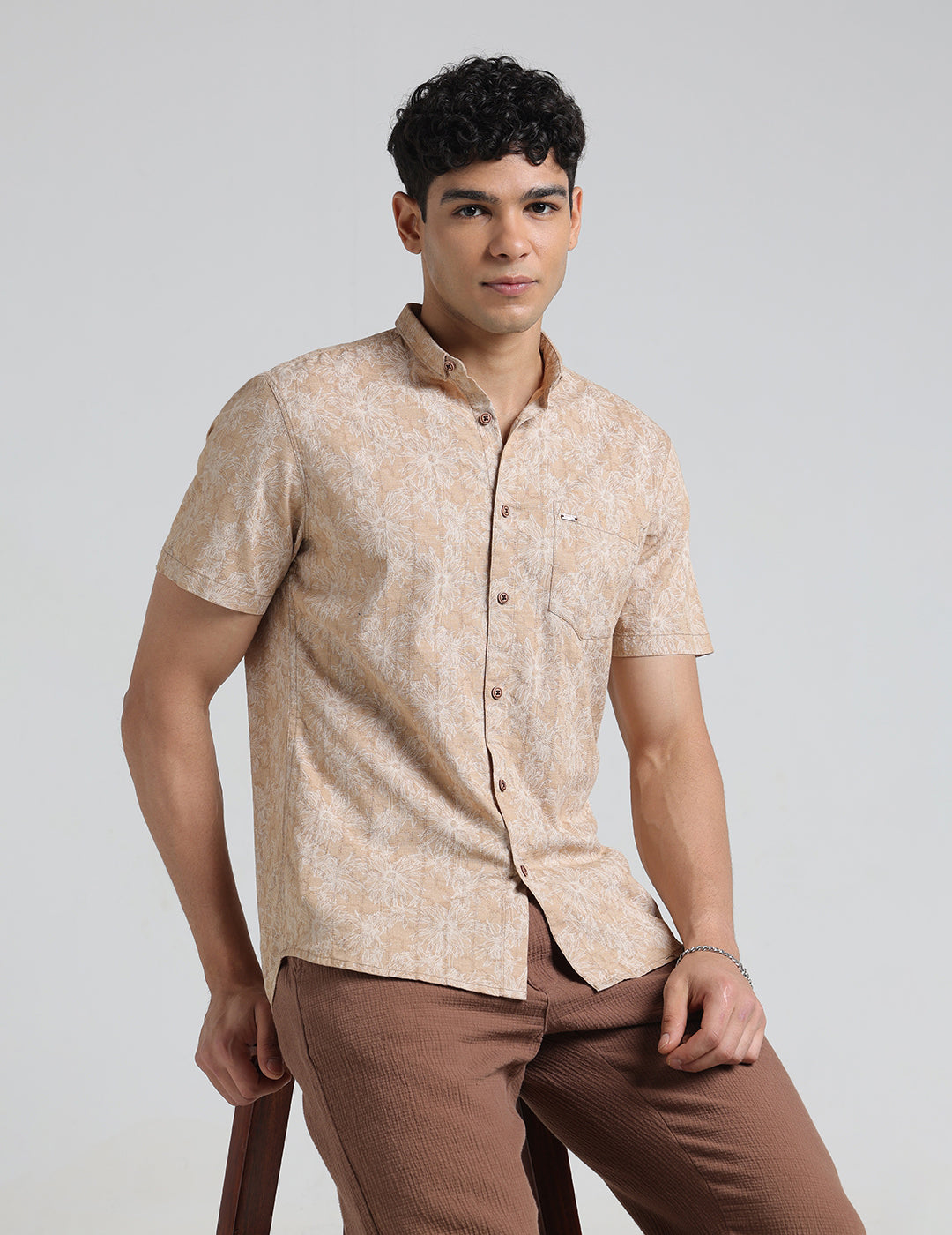 IDENTITI Men Slim Fit Short Collar Printed Shirt In Beige.