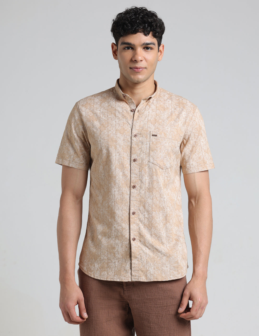 IDENTITI Men Slim Fit Short Collar Printed Shirt In Beige.