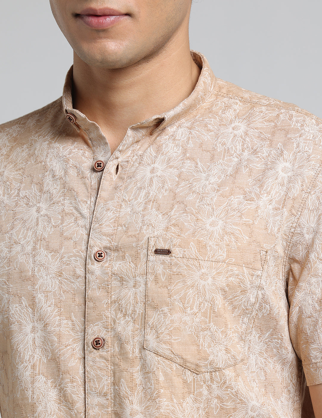 IDENTITI Men Slim Fit Short Collar Printed Shirt In Beige.