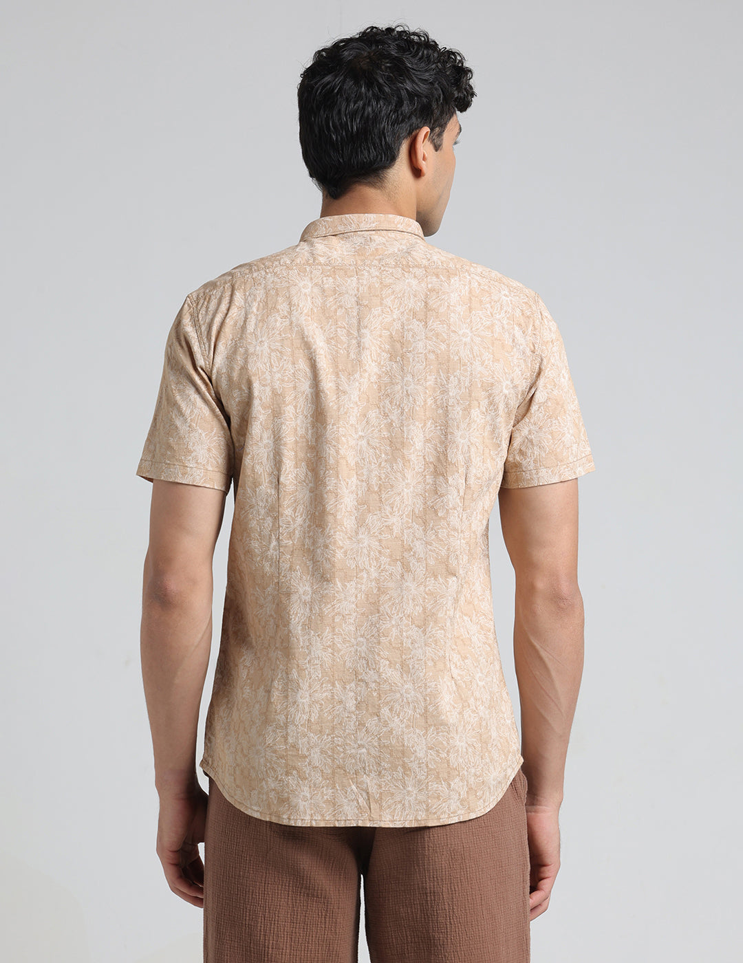 IDENTITI Men Slim Fit Short Collar Printed Shirt In Beige.