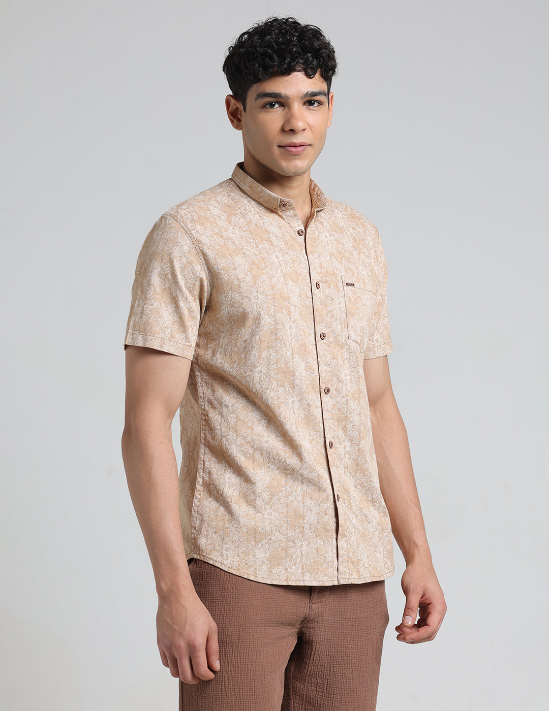 IDENTITI Men Slim Fit Short Collar Printed Shirt In Beige.