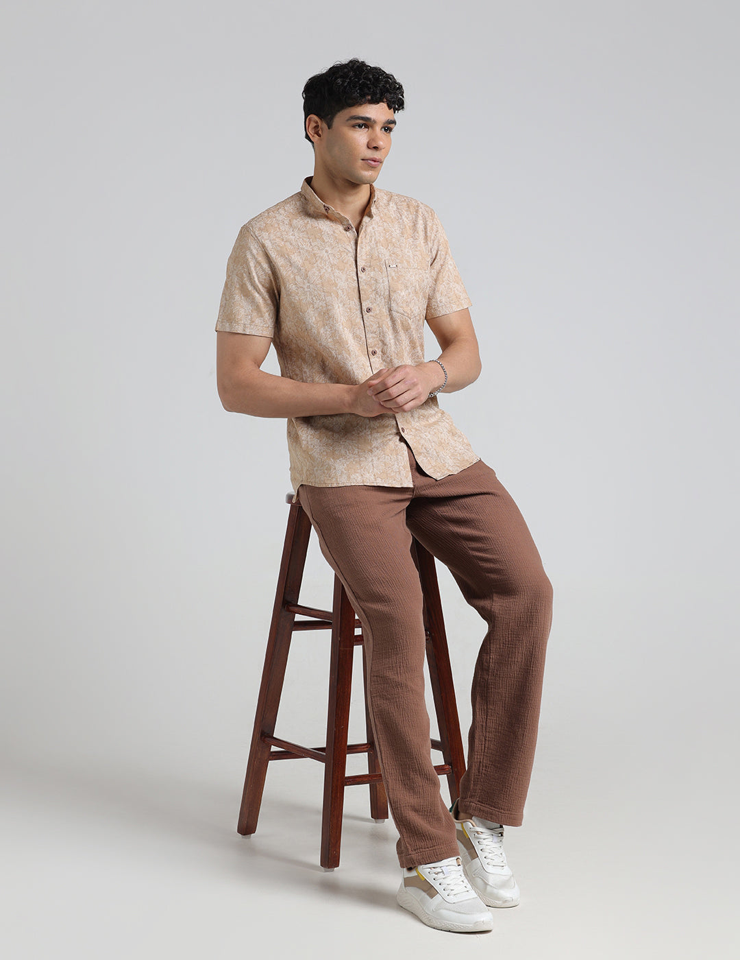 IDENTITI Men Slim Fit Short Collar Printed Shirt In Beige.