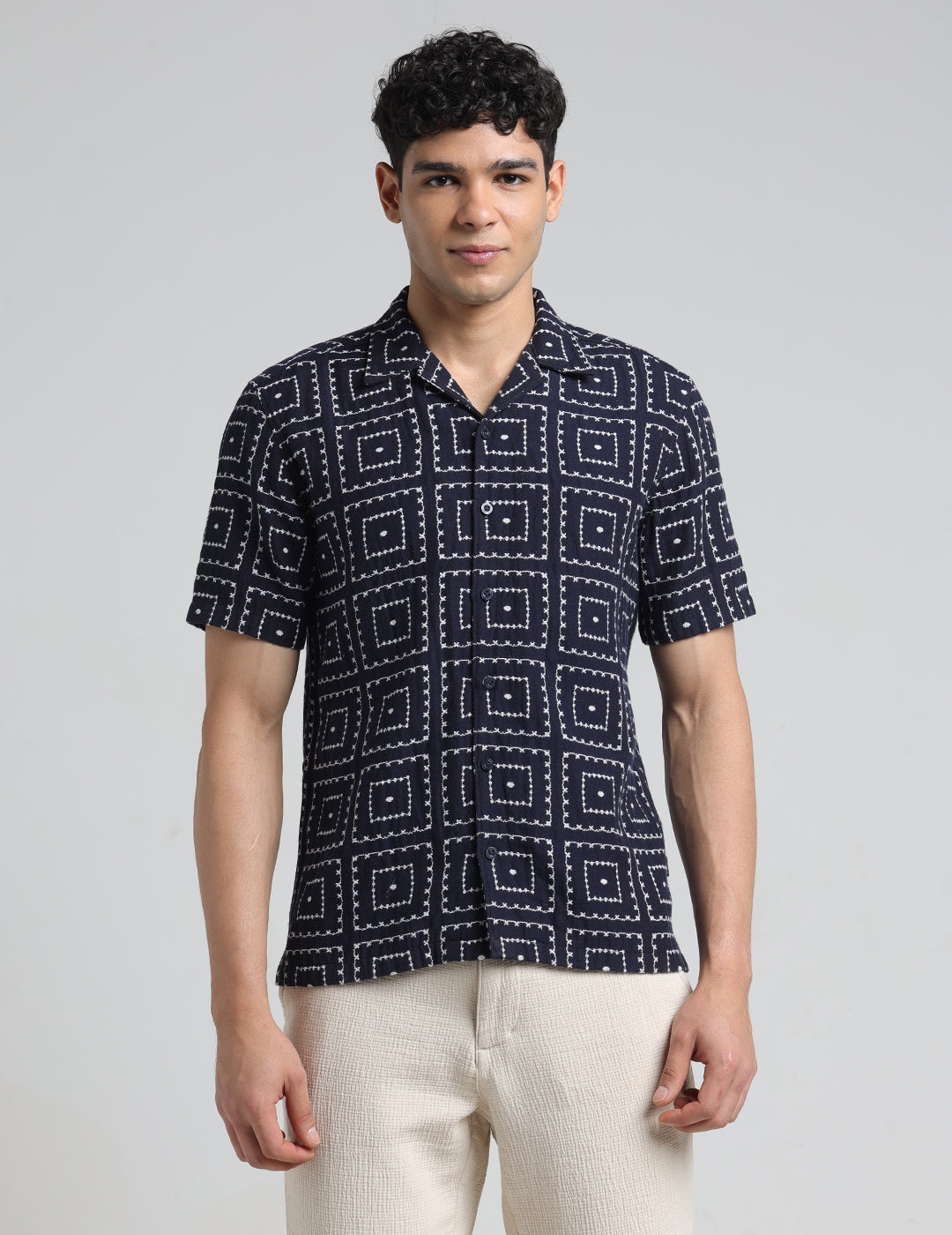 IDENTITI Men Slim Fit Lapel Collar Printed Shirt In Navy.