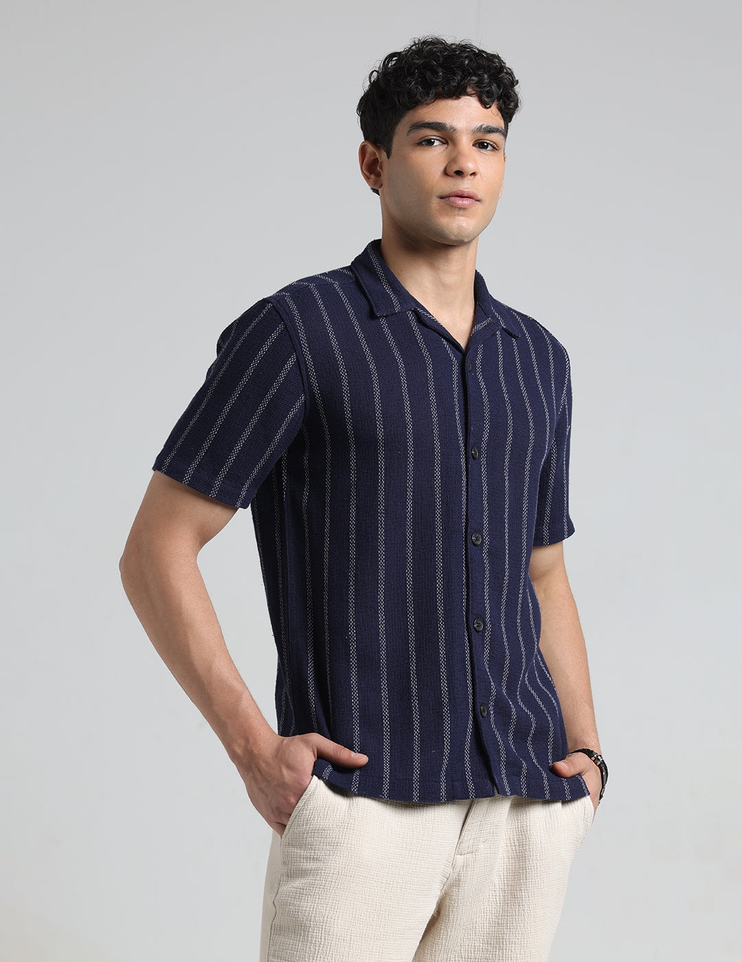 IDENTITI Men Slim Fit Lapel Collar Striped Shirt In Navy.