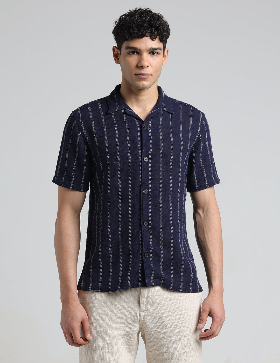 IDENTITI Men Slim Fit Lapel Collar Striped Shirt In Navy.