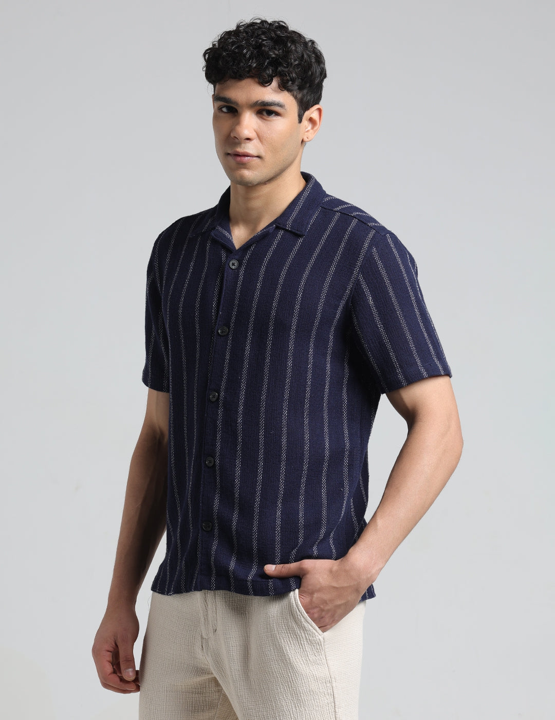 IDENTITI Men Slim Fit Lapel Collar Striped Shirt In Navy.