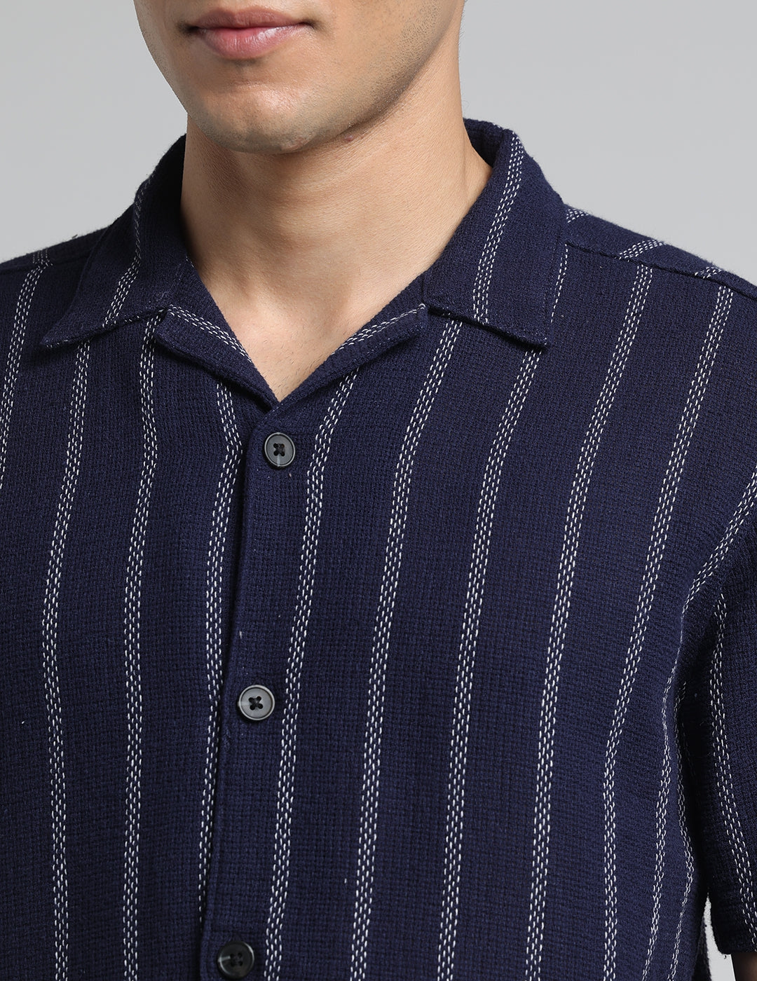 IDENTITI Men Slim Fit Lapel Collar Striped Shirt In Navy.