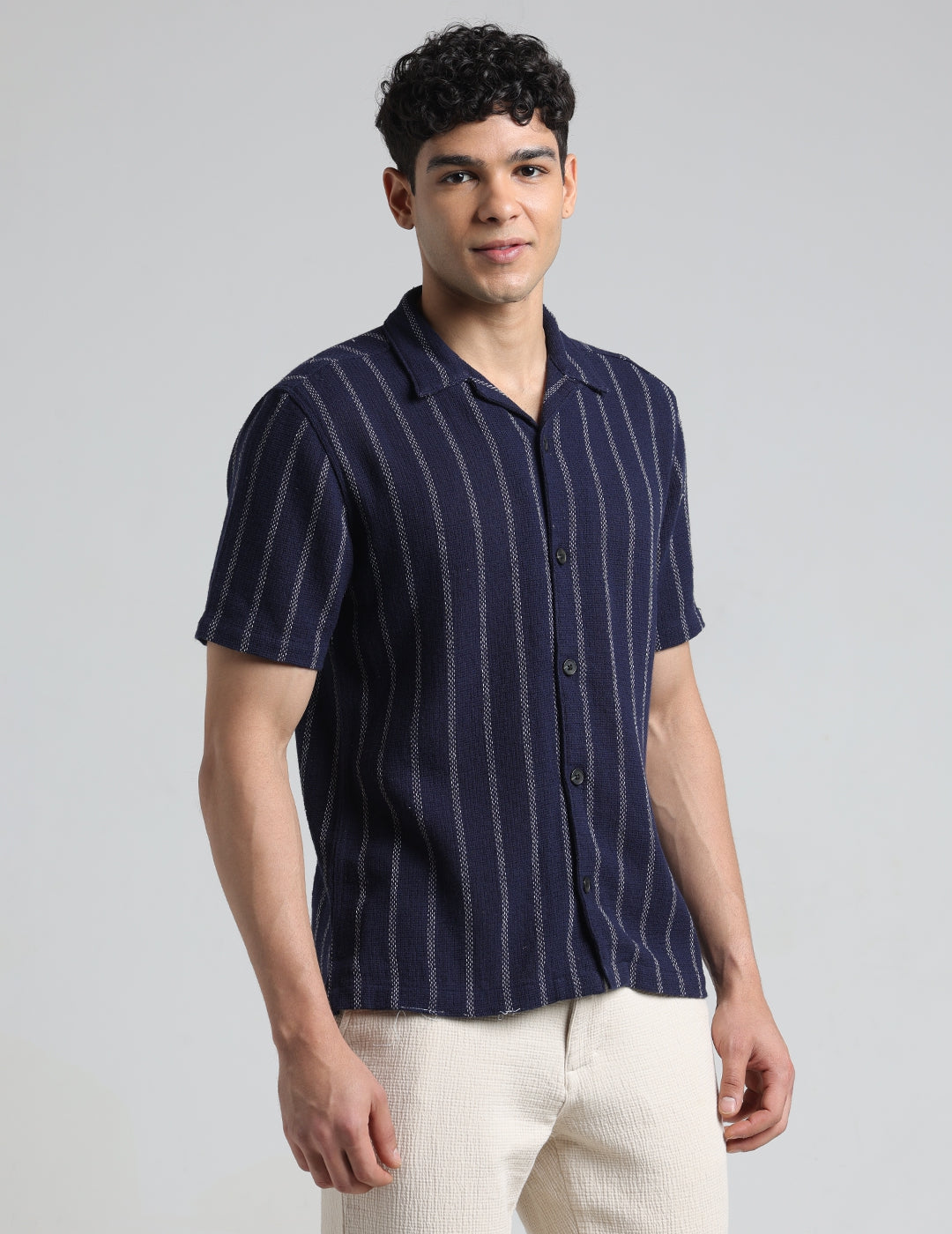 IDENTITI Men Slim Fit Lapel Collar Striped Shirt In Navy.