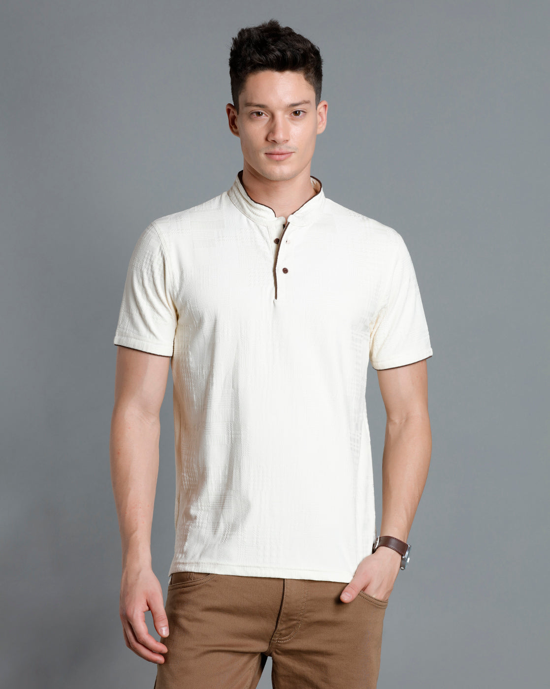 IDENTITI Men Slim Fit Mandarin Collar Solid T-Shirt In Offwhite
