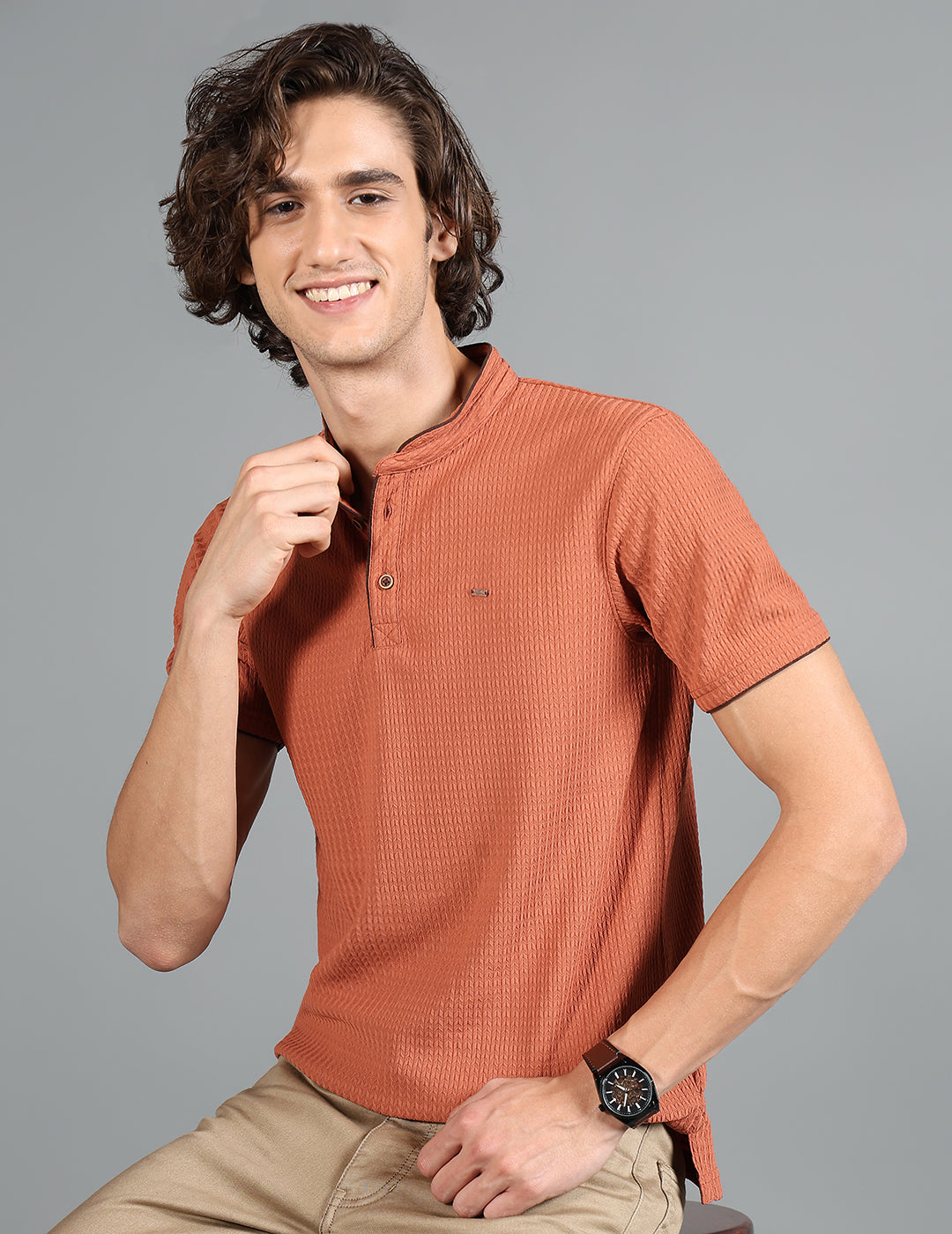 IDENTITI Men Slim Fit Mandarin Collar Solid T-Shirt In Rust.