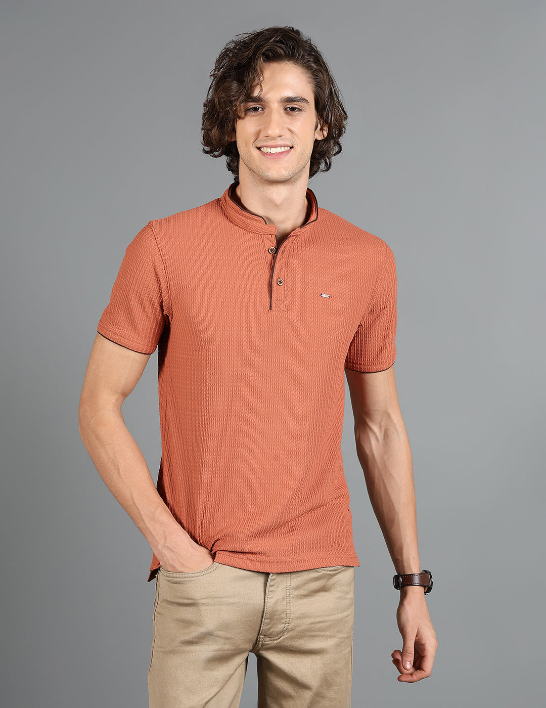 IDENTITI Men Slim Fit Mandarin Collar Solid T-Shirt In Rust.