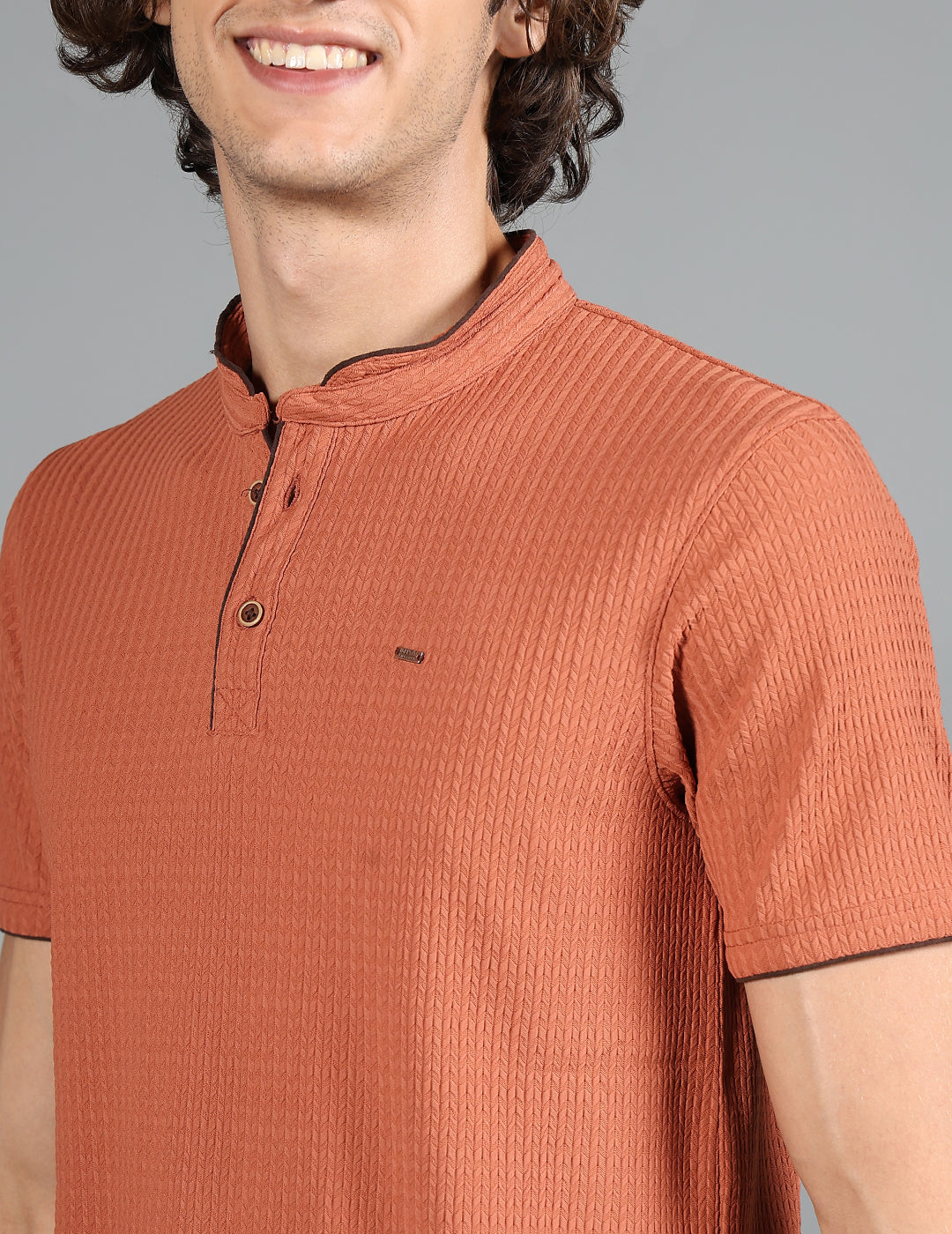 IDENTITI Men Slim Fit Mandarin Collar Solid T-Shirt In Rust.
