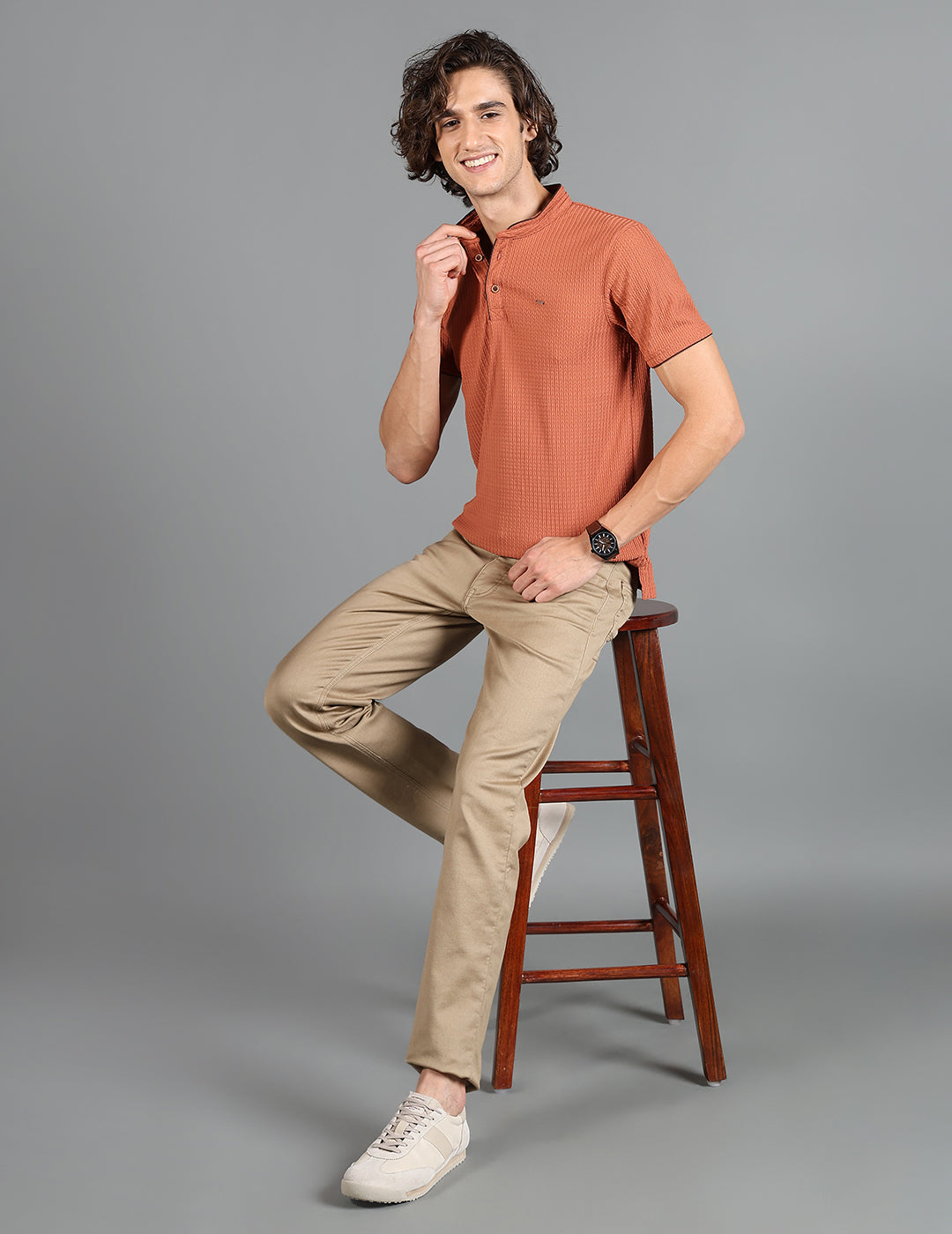 IDENTITI Men Slim Fit Mandarin Collar Solid T-Shirt In Rust.