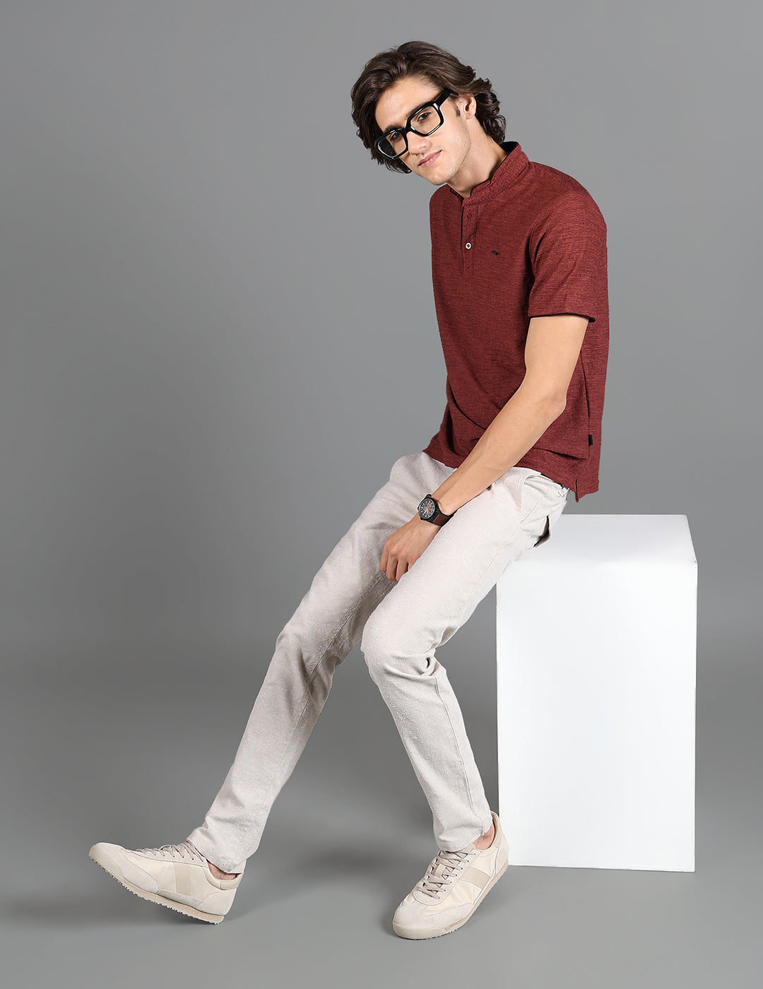 IDENTITI Men Slim Fit Mandarin Collar Solid T-Shirt In Maroon.