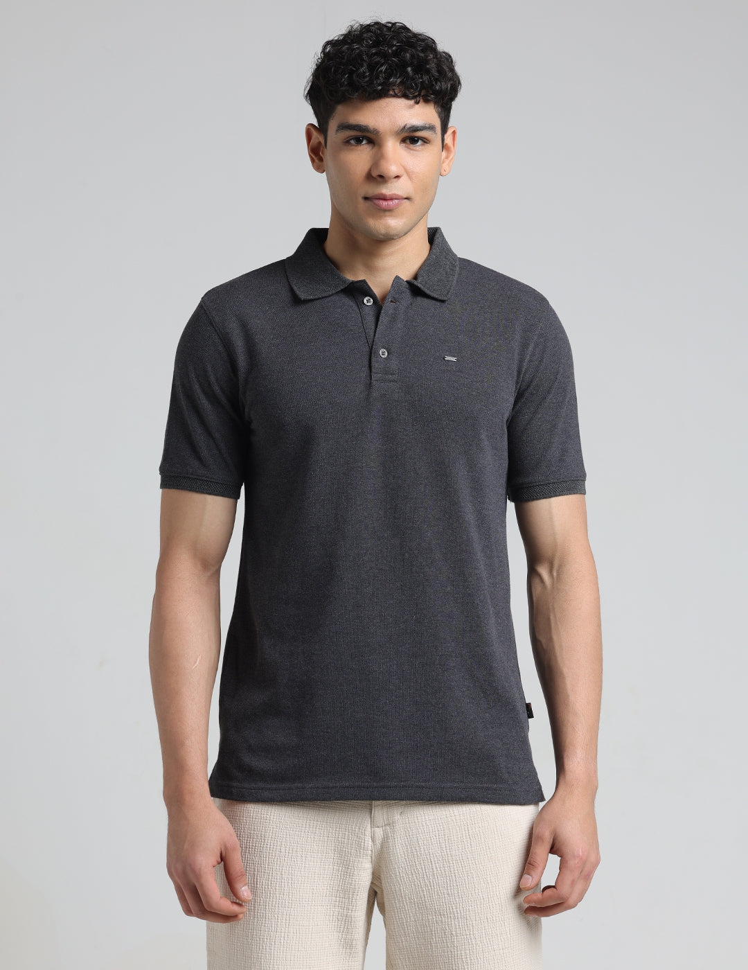 IDENTITI Men Slim Fit Polo Collar Solid T-Shirt In Charcoal.