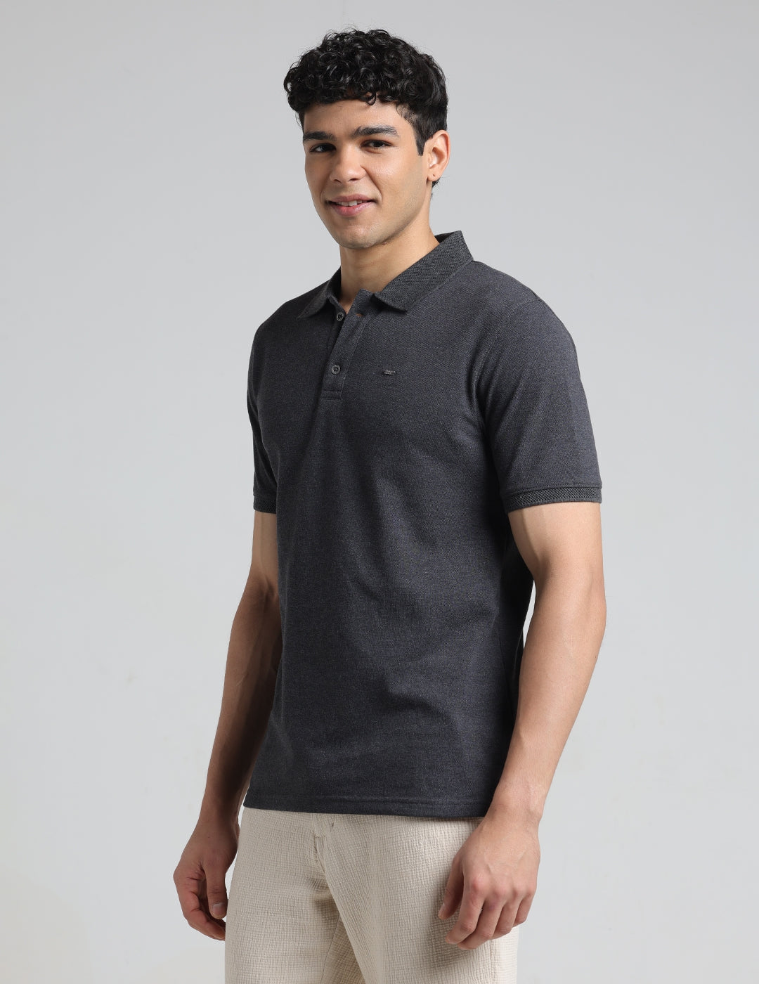 IDENTITI Men Slim Fit Polo Collar Solid T-Shirt In Charcoal.