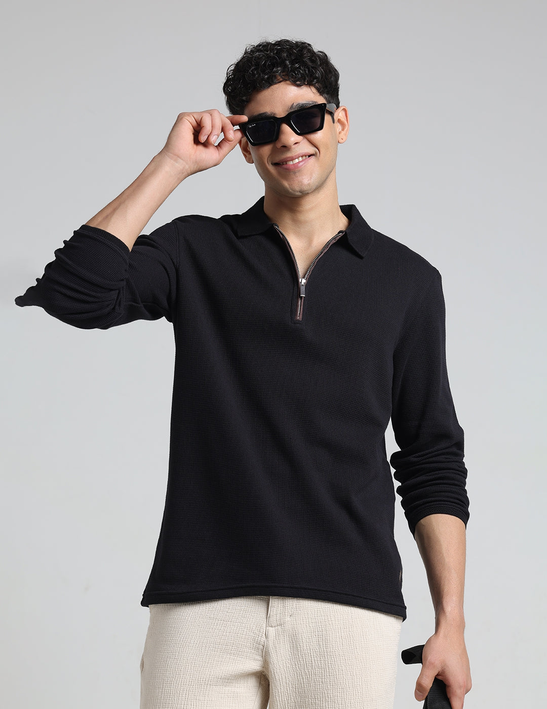 IDENTITI Men Slim Fit Polo Collar Solid T-Shirt In Black.