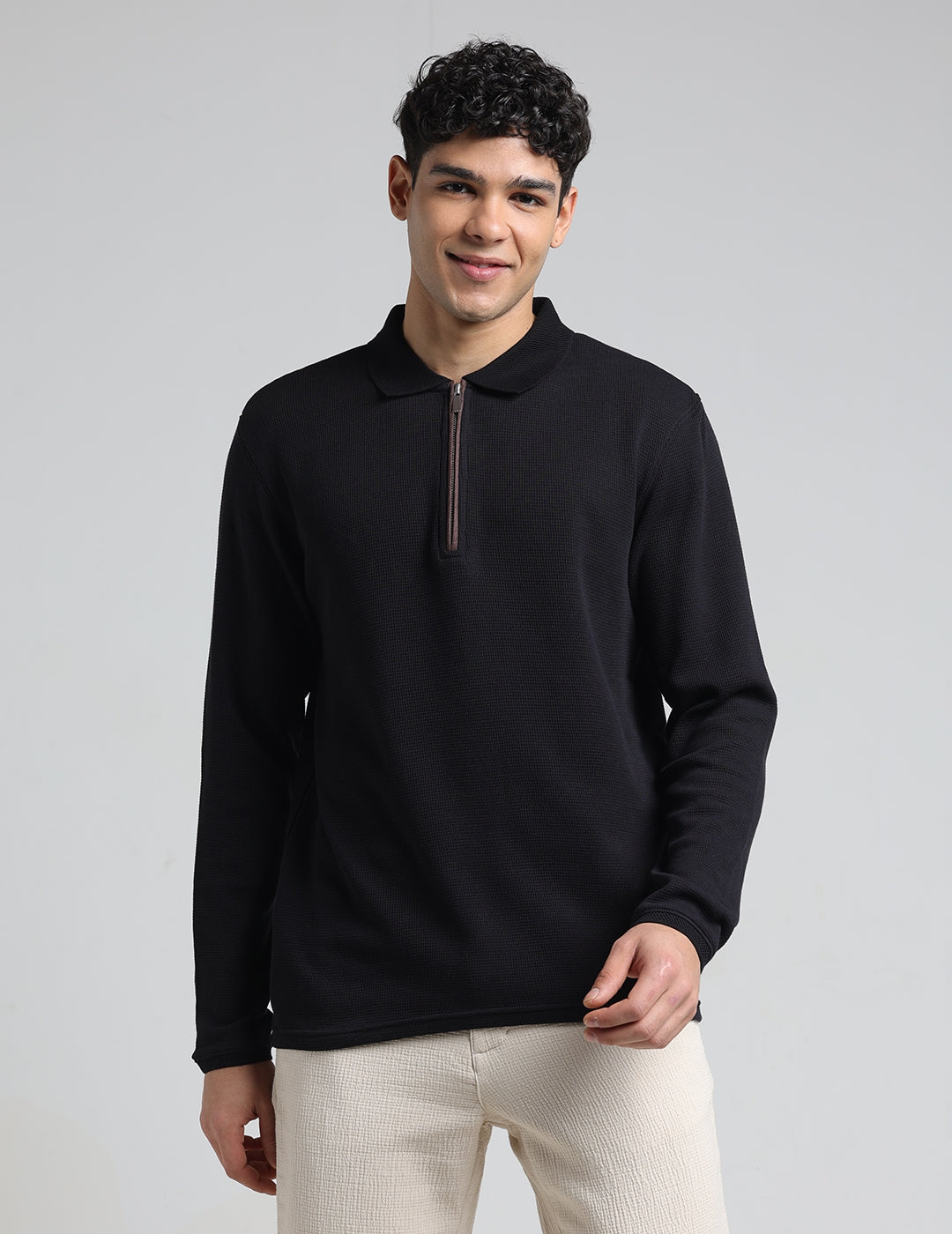 IDENTITI Men Slim Fit Polo Collar Solid T-Shirt In Black.