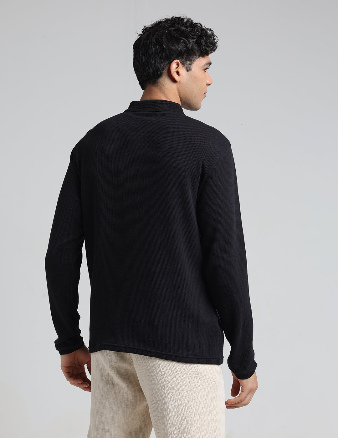 IDENTITI Men Slim Fit Polo Collar Solid T-Shirt In Black.