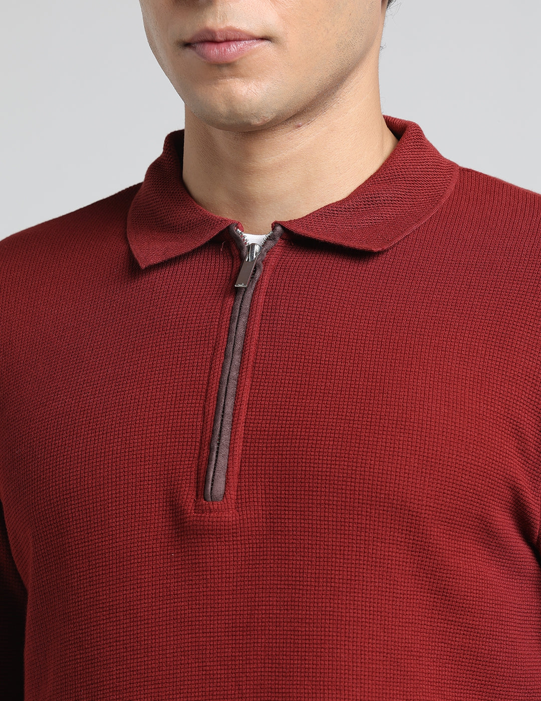 IDENTITI Men Slim Fit Polo Collar Solid T-Shirt In Maroon.