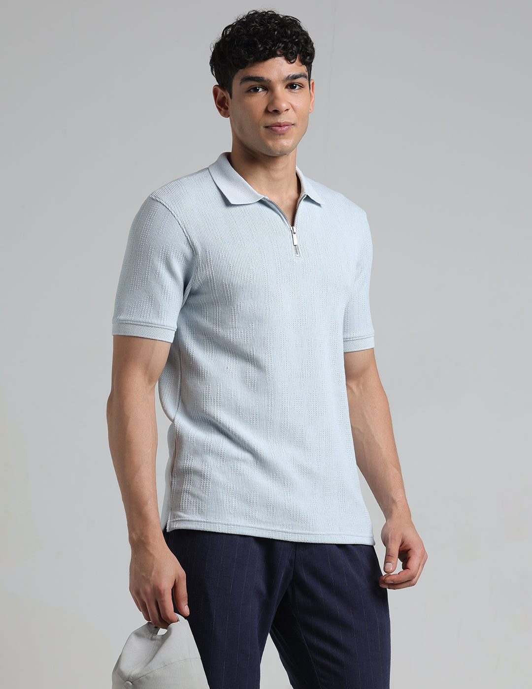 IDENTITI Men Slim Fit Polo Collar Solid T-Shirt In Blue.