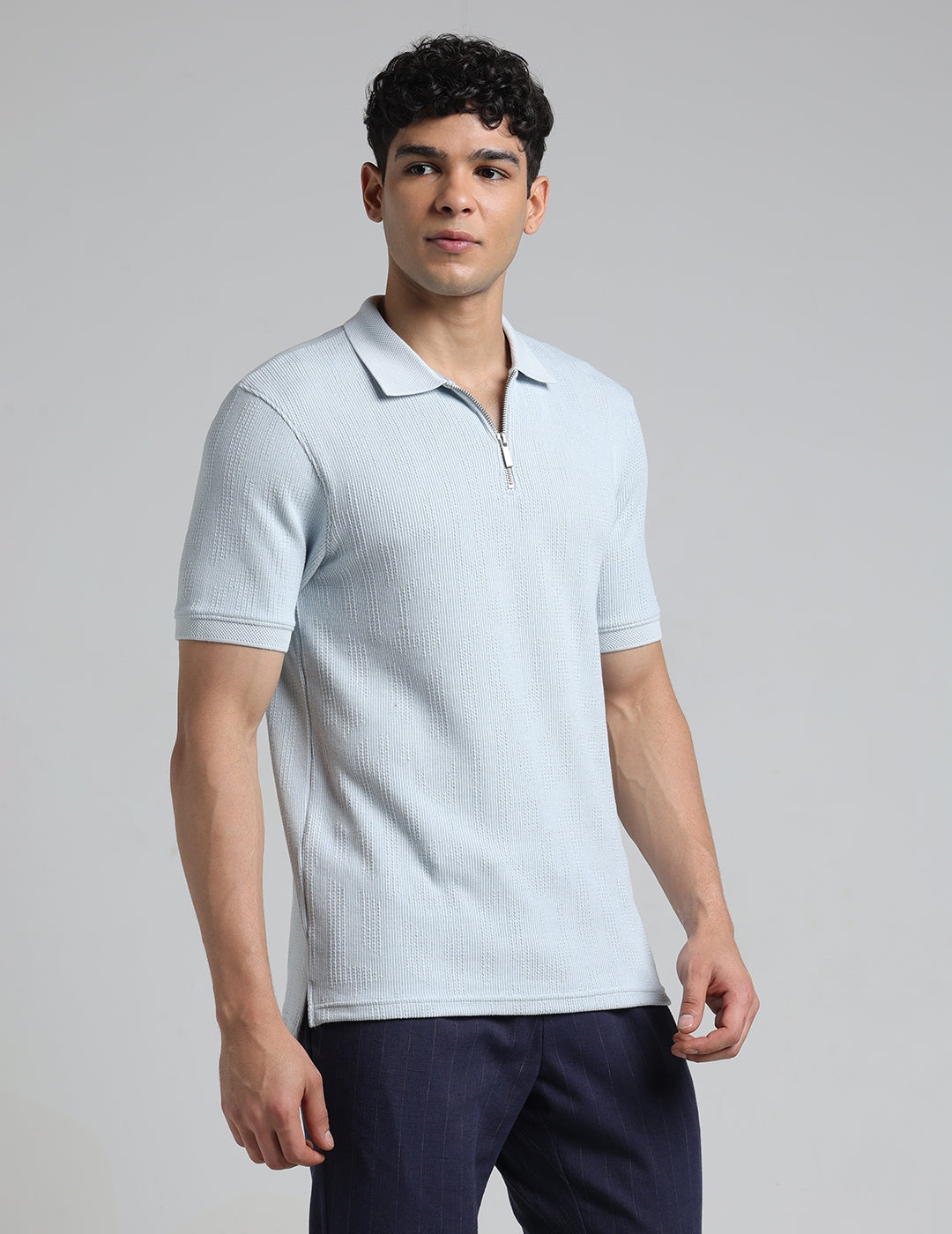 IDENTITI Men Slim Fit Polo Collar Solid T-Shirt In Blue.