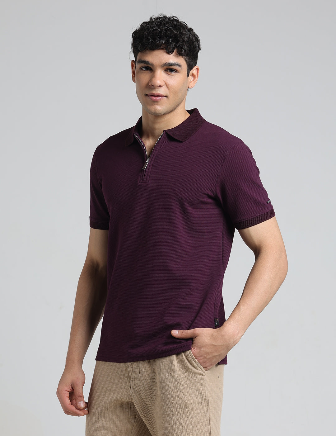 IDENTITI Men Slim Fit Polo Collar Solid T-Shirt In Wine.