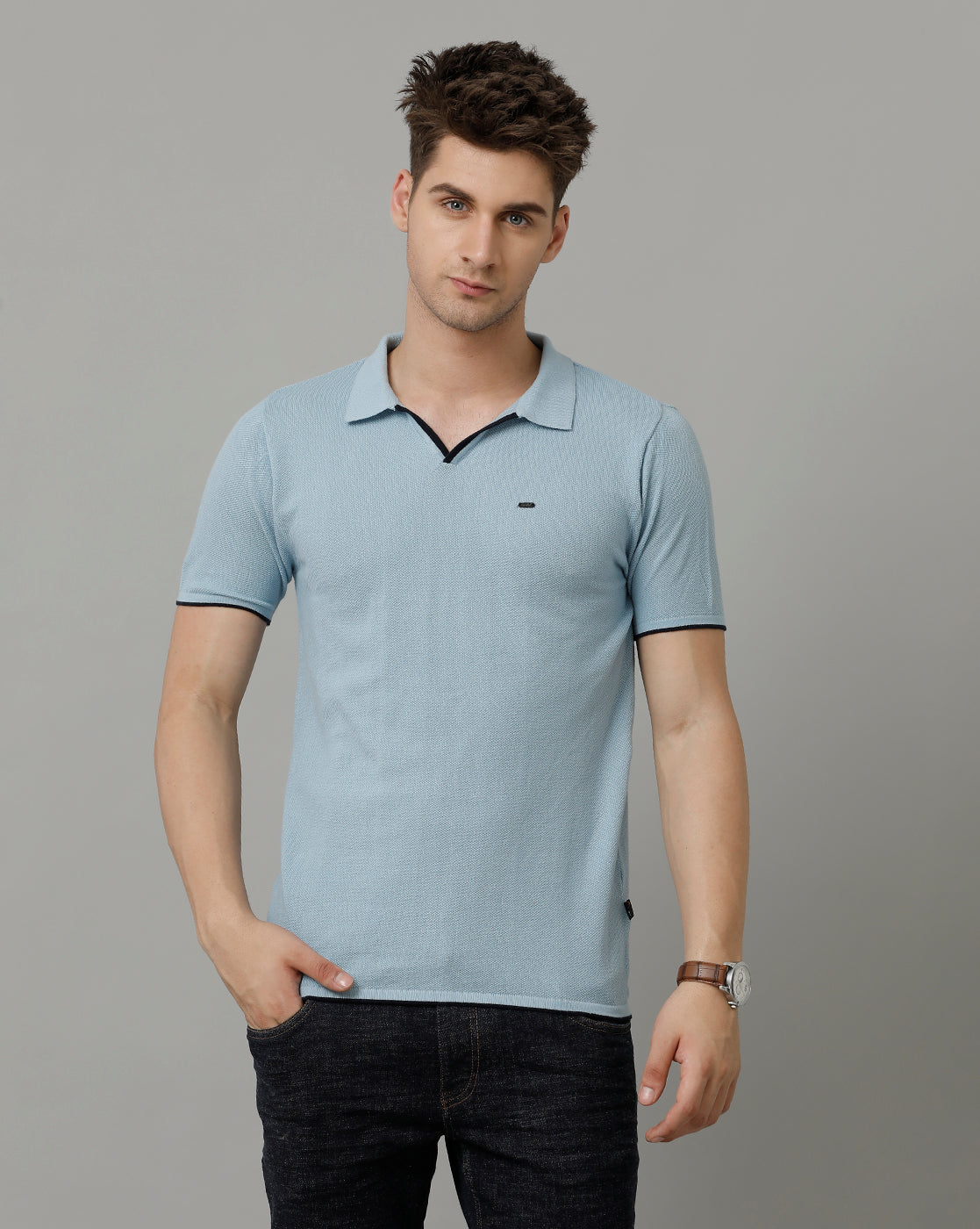 Identiti Powder Blue Half Sleeve Solid Slim Fit Cotton Casual Polo T-Shirt For Men.